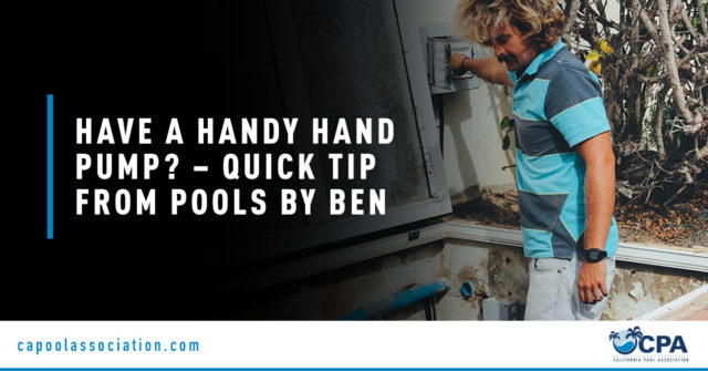 Middle-Aged Swimming Pool Worker Holding Breaker Switch - Banner Image for Have a Handy Hand Pump – Quick Tip From Pools By Ben Blog
